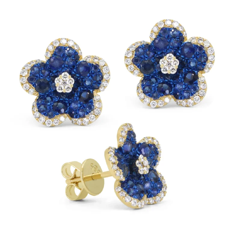 Elegant silver spiral stud earrings for women -14K Yellow Gold Blue Sapphire Flower Studs