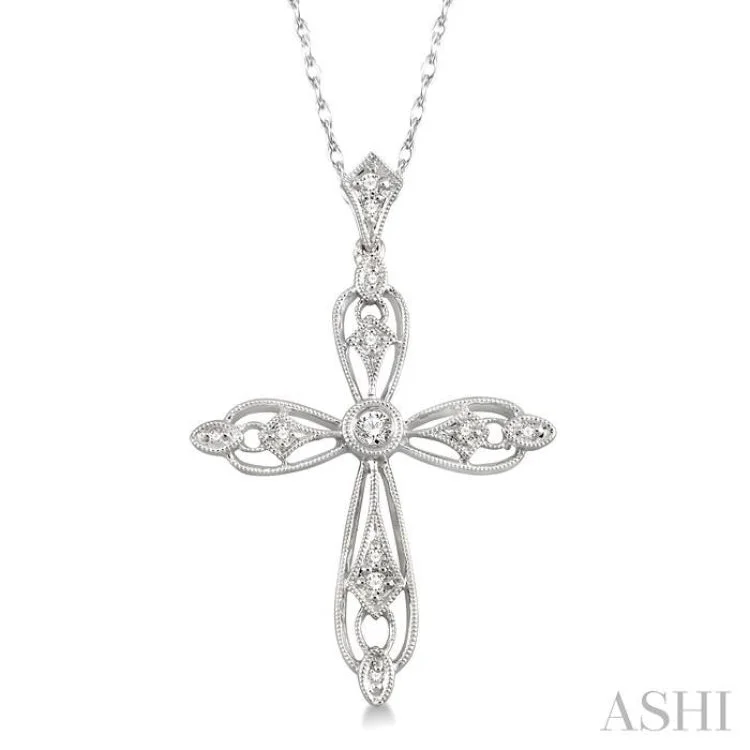 Ladies minimalist pearl drop necklaces -1/6 Ctw Round Cut Diamond Cross Pendant in 14K White Gold with Chain