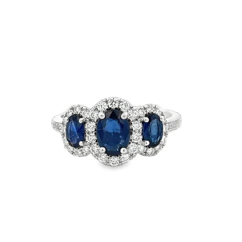 Ladies tribal-inspired engagement rings -Sapphire and Diamond Three Stone Ring in White Gold