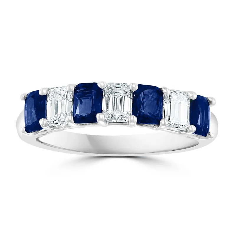 Classic gold vine engagement rings for ladies -14K White Gold 1.69ctw Emerald Cut Blue Sapphire & Diamond Band