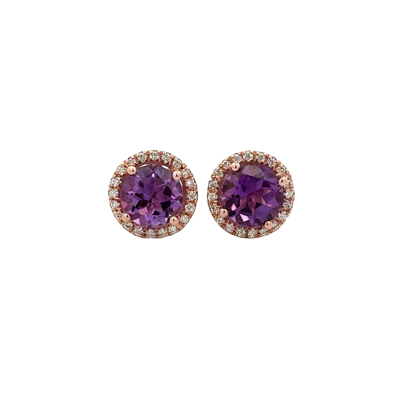 Trendy silver petal drop earrings -Amethyst and Diamond Stud Earrrings in Rose Gold