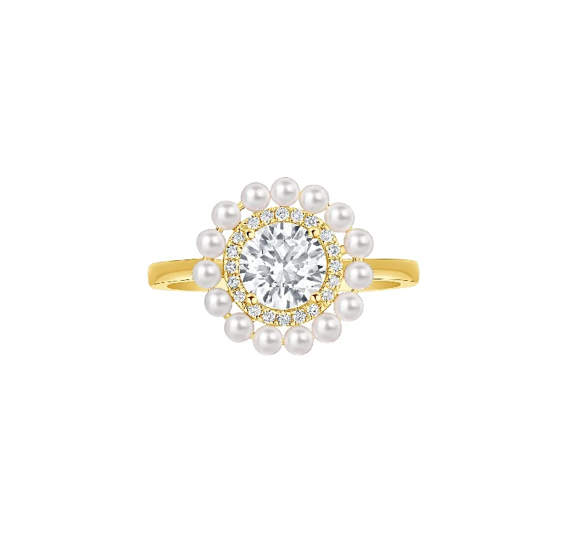 Ladies playful moon engagement rings -14K Yellow Gold 1.10ctw Round Lab Diamond & Pearl Halo Ring