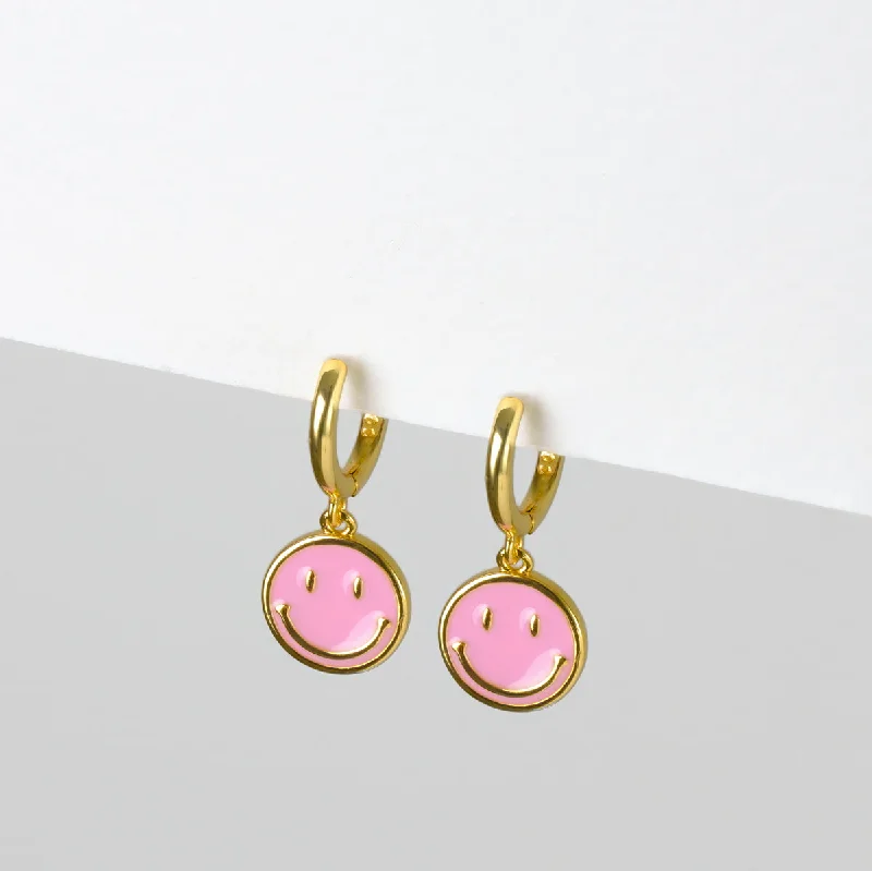 Modern rose gold petal earrings for women -Smiley Charm Huggie Hoops