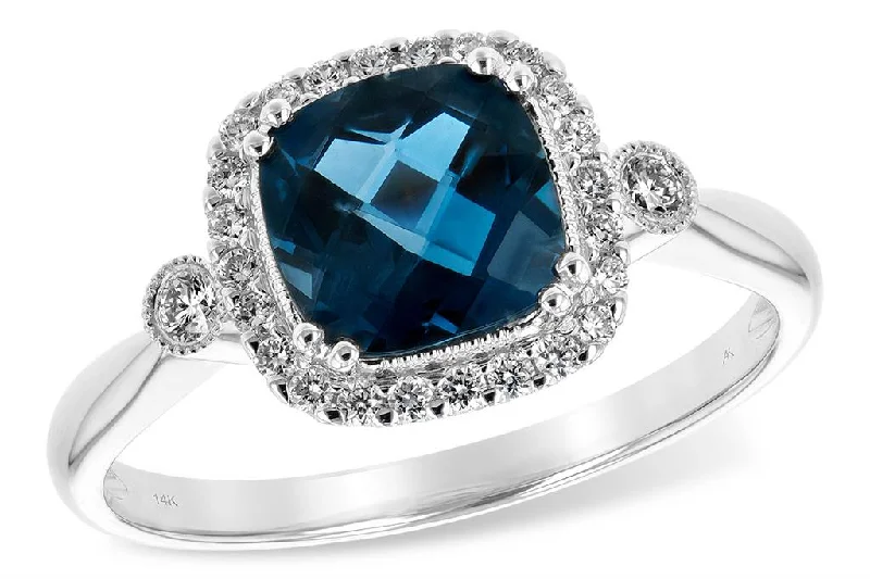 Ladies shimmering aquamarine engagement rings -14K White Gold 1.77ctw Cushion London Blue Topaz & Diamond Halo Ring by Allison Kaufman