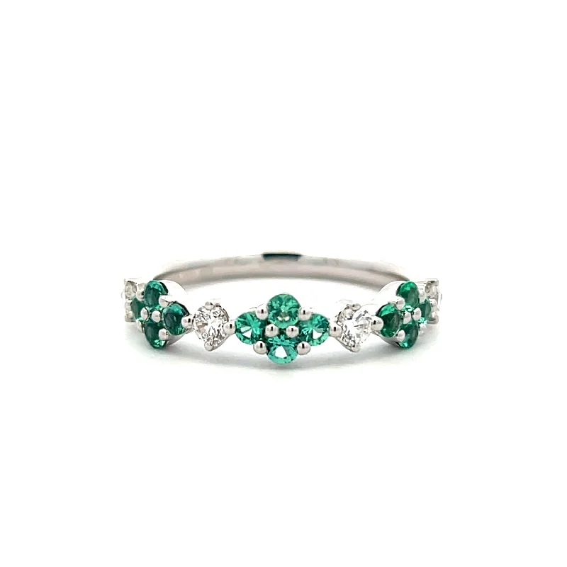 Modern silver vine engagement rings -14K White Gold 0.64ctw Emerald & Diamond Floral Ring