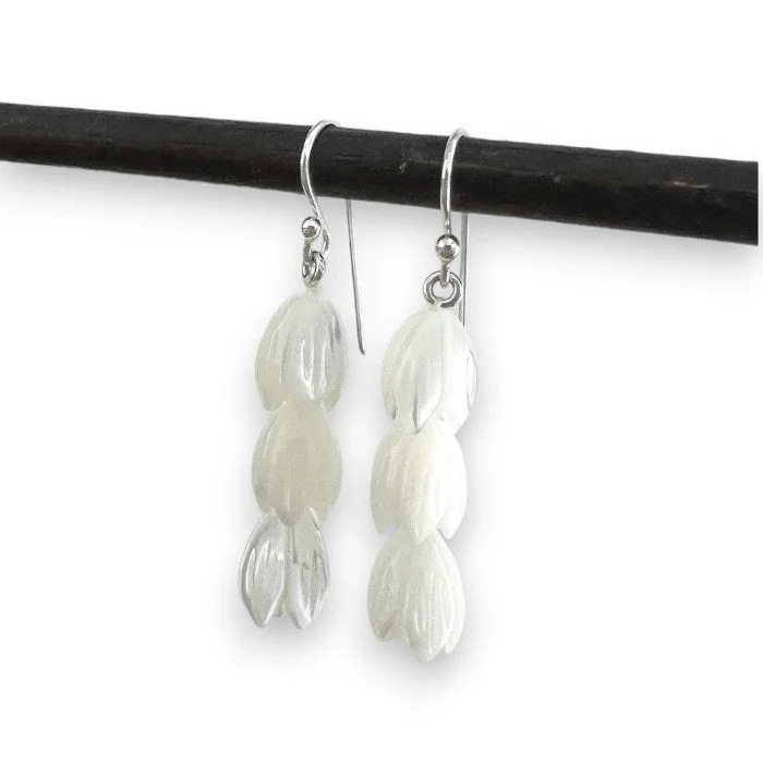 Trendy silver swirl earrings -ANN LIGHTFOOT - TRIPLE TULIP MOTHER OF PEARL EARRINGS