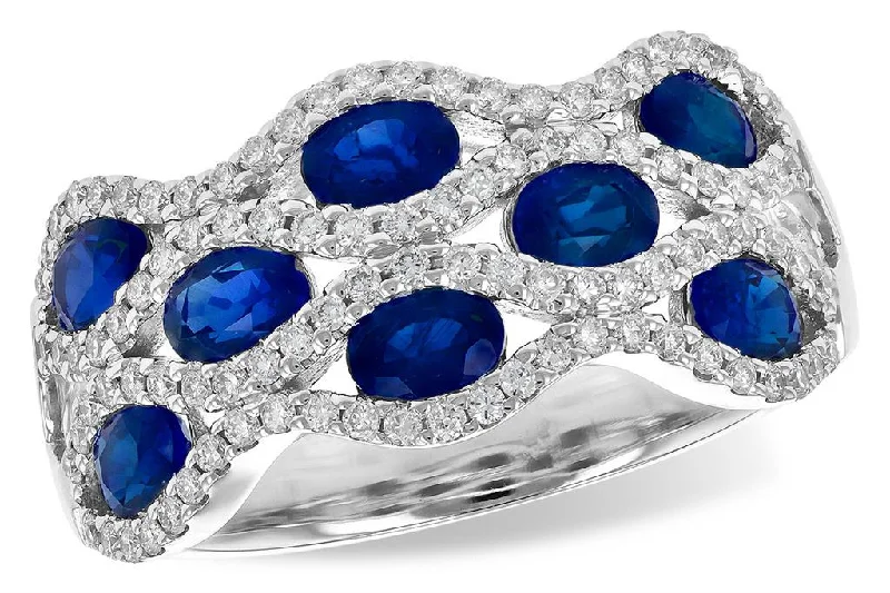 Ladies unique crescent engagement rings -14K White Gold 2.18ctw Oval Blue Sapphire & Diamond Multi Row Ring by Allison Kaufman