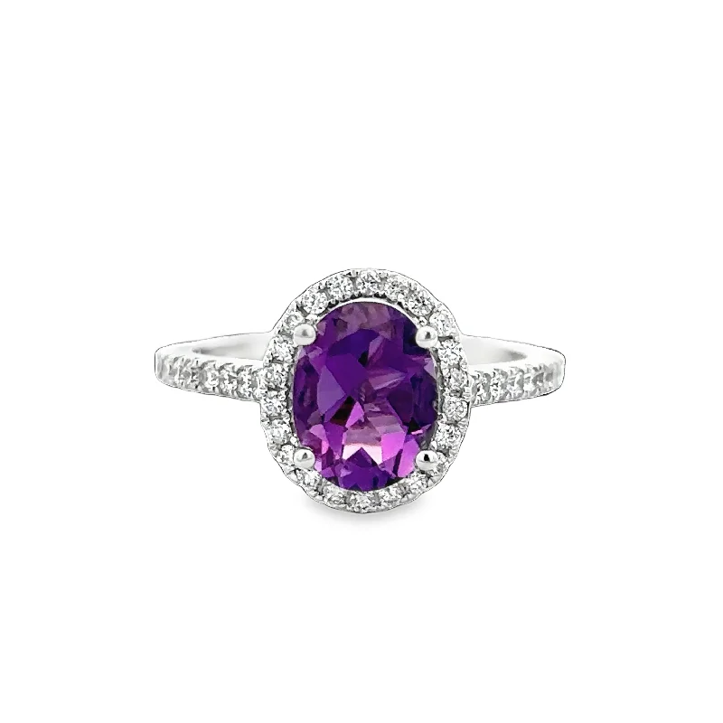 Delicate silver spiral engagement rings -Amethyst and Diamond Halo Ring in White Gold