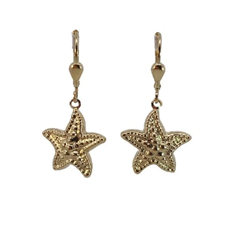 Ladies floral gold drop earrings -Estate 14K Yellow Gold Starfish Drop Earrings