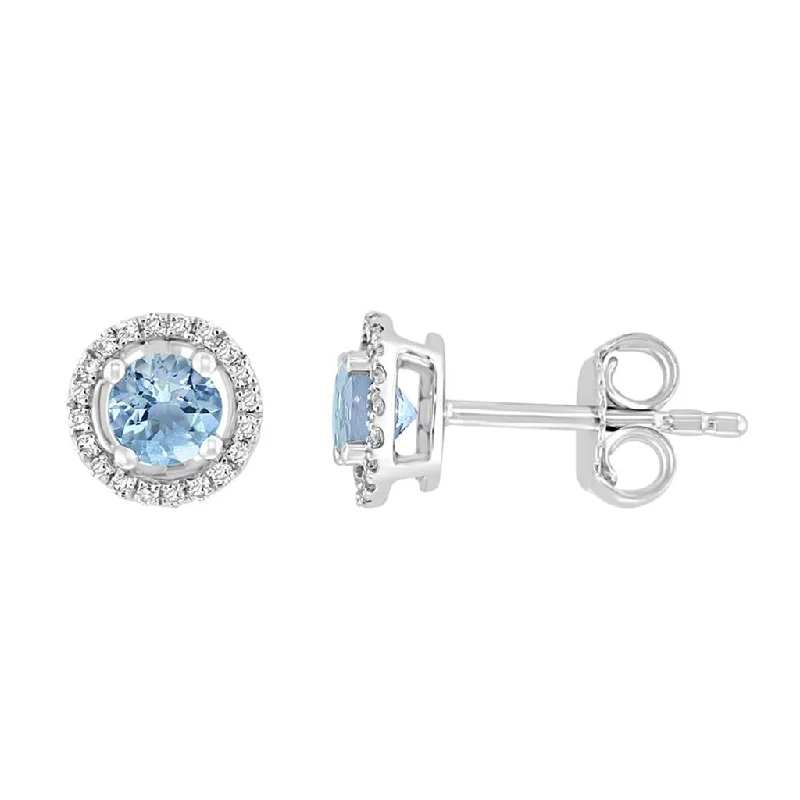 Simple silver arch earrings for ladies -March Birthstone Earrings: 14K White Gold Diamond Halo Aquamarine Earrings