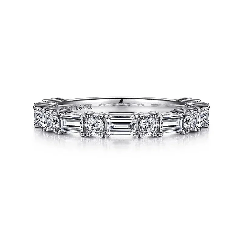 Trendy gold petal engagement rings -Aggie - 14K White Gold Baguette and Round Diamond Anniversary Band - 0.99 ct