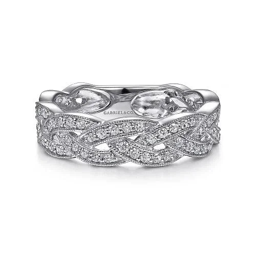 Modern gold crescent engagement rings for women -14K White Gold Braided Diamond Stackable Ring