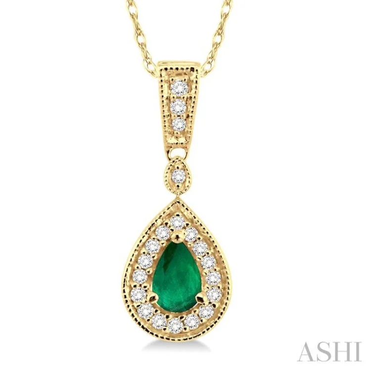 Vintage-inspired crystal necklaces for women -6x4mm Pear Shape Emerald and 1/6 Ctw Round Cut Diamond Pendant in 14K Yellow Gold with Chain