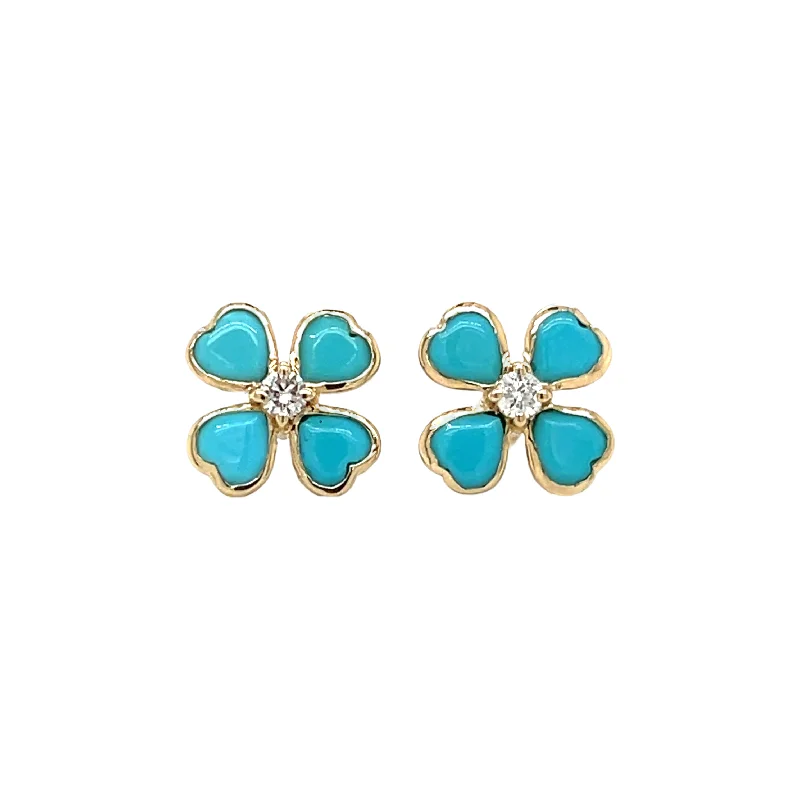 Ladies elegant peridot drop earrings -Turquoise and Diamond Flower Studs