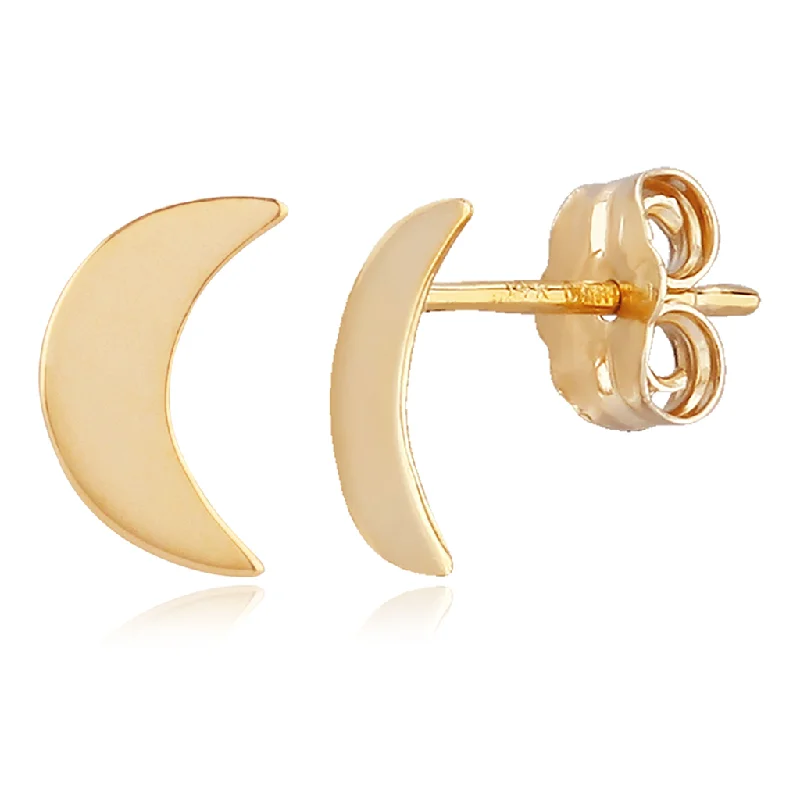 Ladies trendy geometric hoop earrings -14K Yellow Gold Small Crescent Moon Stud Earrings