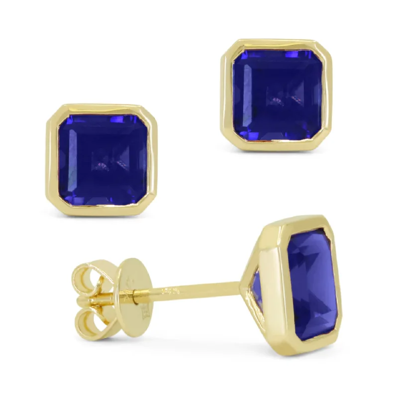 Modern rose gold swirl earrings -14K Yellow Gold Gemstone Bezel Asscher Cut Stud Earrings