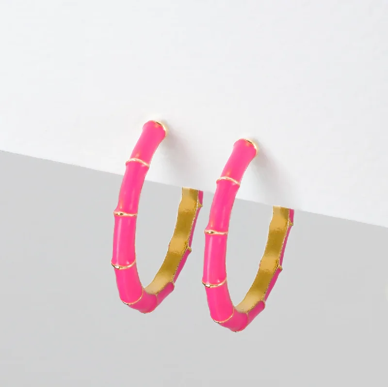 Ladies trendy geometric hoop earrings -Fuchsia Bamboo Hoop Earrings