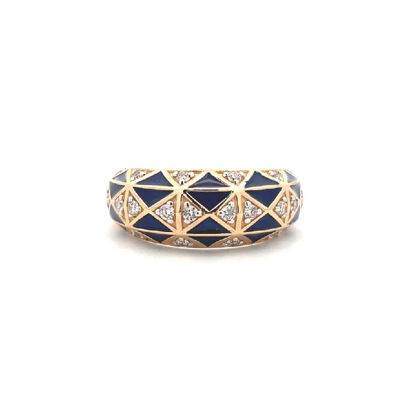 Ladies bold vine halo engagement rings -14K Yellow Gold 0.31ctw Diamond & Blue Enamel Checkered Ring