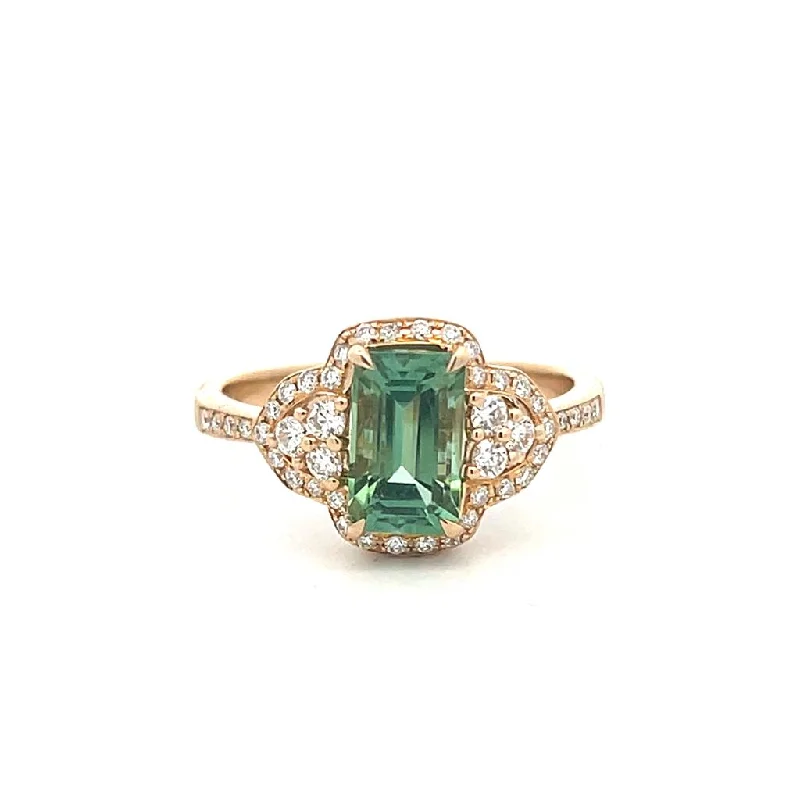 Simple rose gold petal engagement rings -14K Yellow Gold 1.89ctw Emerald Cut Green Tourmaline & Diamond Halo Ring