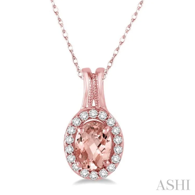 Ladies asymmetrical gemstone necklaces -7x5 MM Oval Shape Morganite and 1/6 Ctw Round Cut Diamond Pendant in 14K Rose Gold with Chain