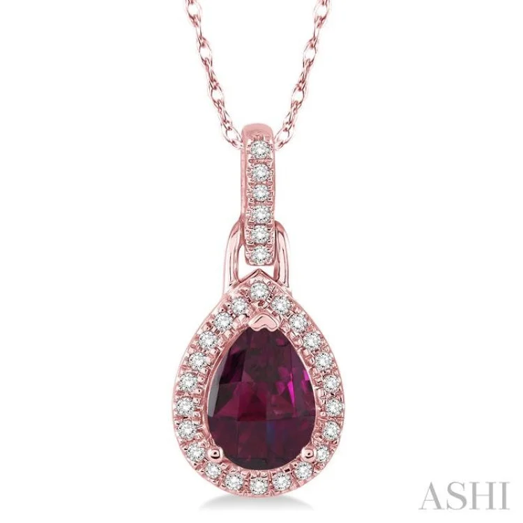 Ladies bold statement choker necklaces -7x5 MM Pear Shape Rhodolite Garnet and 1/10 Ctw Round Cut Diamond Pendant in 10K Rose Gold with Chain