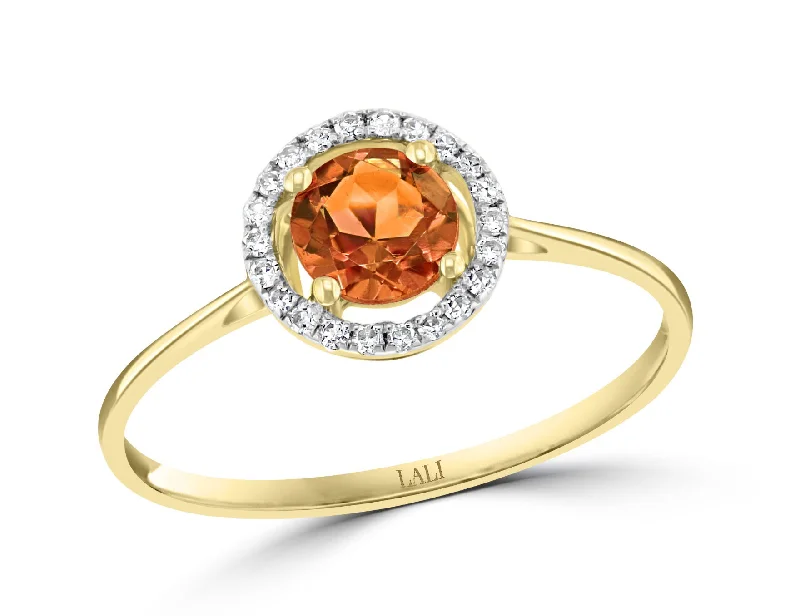 Ladies bold diamond petal engagement rings -14K Yellow Gold 0.57ctw Round Citrine & Diamond Halo Ring