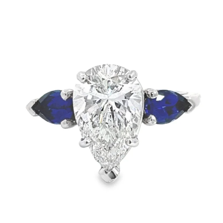 Classic silver swirl engagement rings -LAB GROWN PEAR DIAMOND & SAPPHIRES 3.54ctw THREE STONE RING