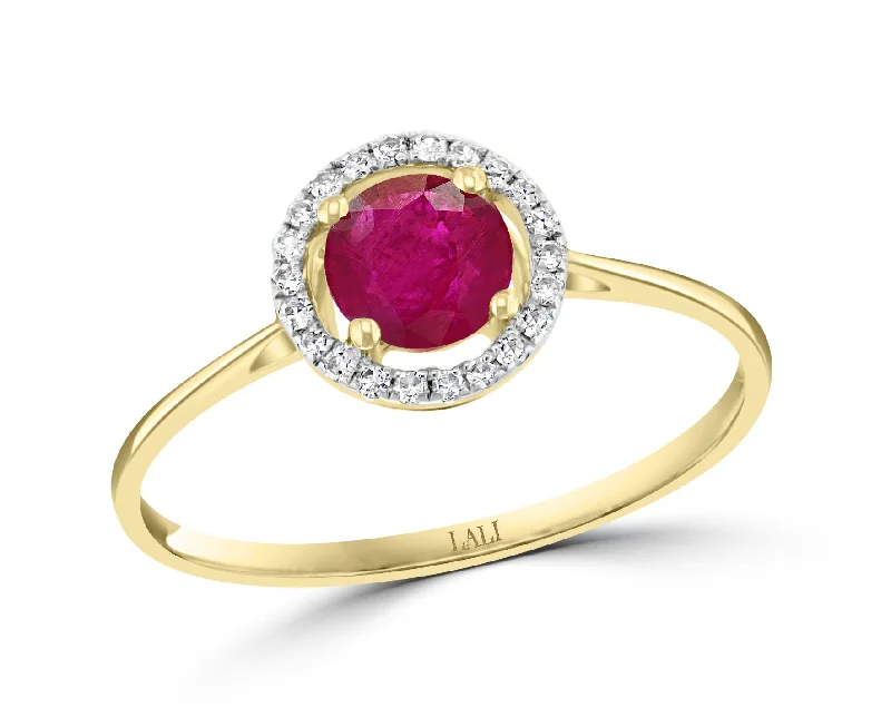 Ladies shimmering quartz engagement rings -14K Yellow Gold 0.72ctw Round Ruby & Diamond Halo Ring