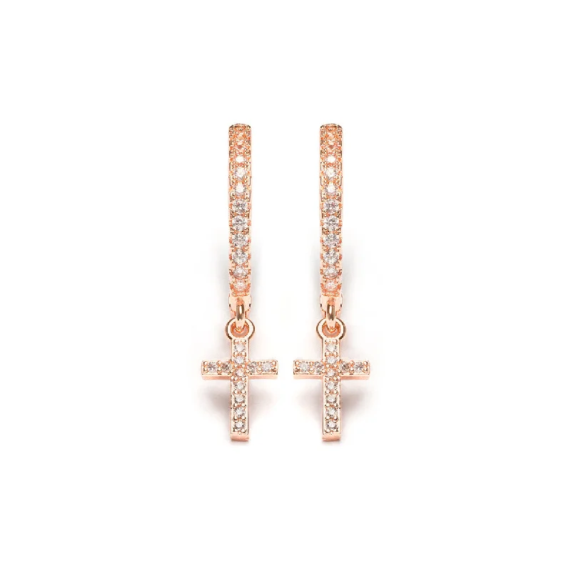 Ladies retro jade earrings -Rose Gold Pave Cross Hoops