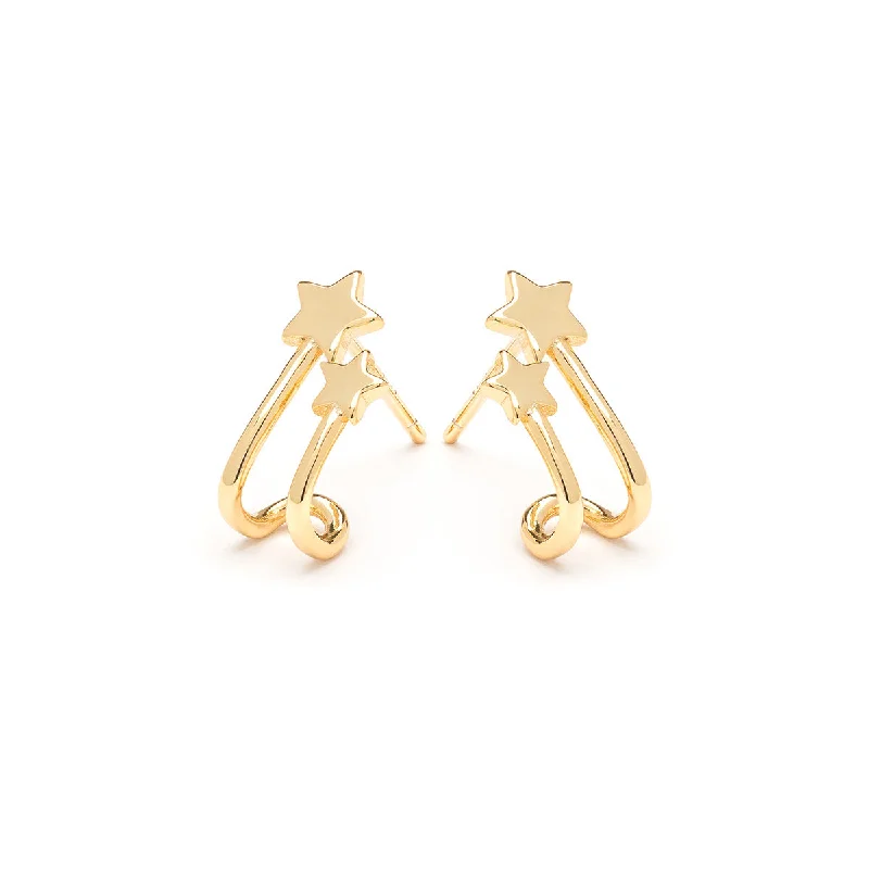 Elegant silver petal stud earrings -Double Star Huggie Hoops