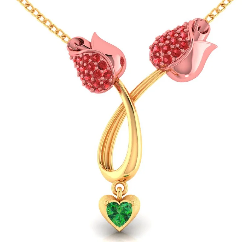 Simple gold bar pendant necklaces for ladies -18k Gold Necklace With Stone-studded Double Tulips And A Heart Drop