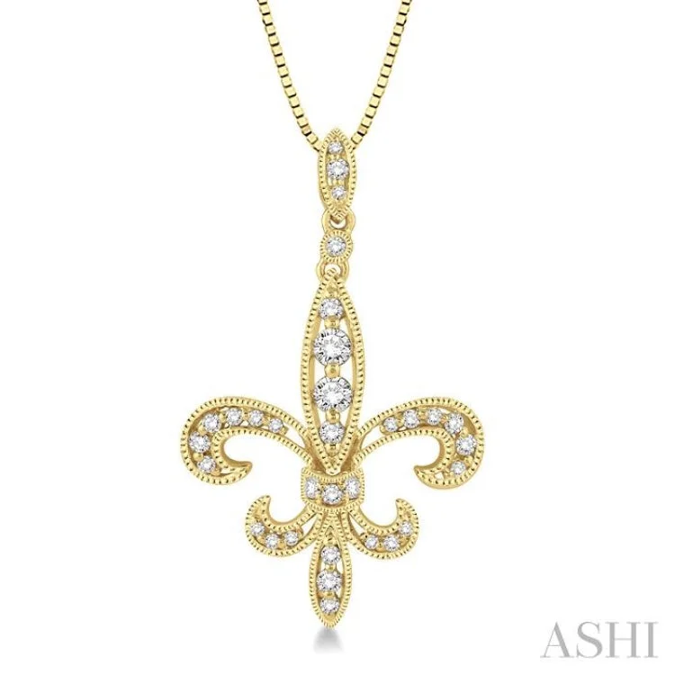 Boho-inspired turquoise necklaces for women -1/3 Ctw Round Cut Diamond Fleur De Lis Pendant in 14K Yellow Gold with Chain