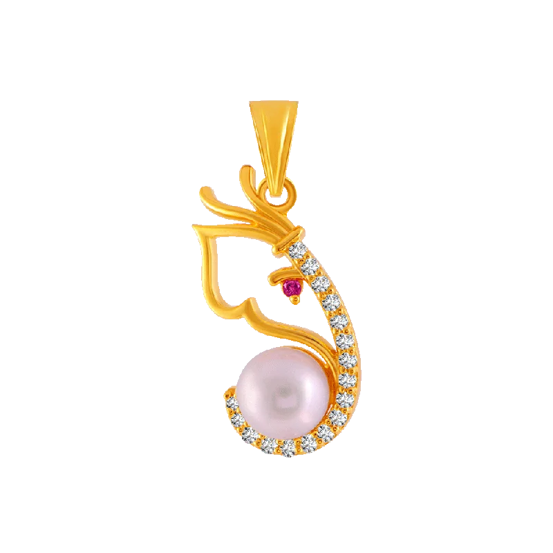 Ladies minimalist pearl drop necklaces -22KT Yellow Gold, American Diamond And Ruby Pendant For Women