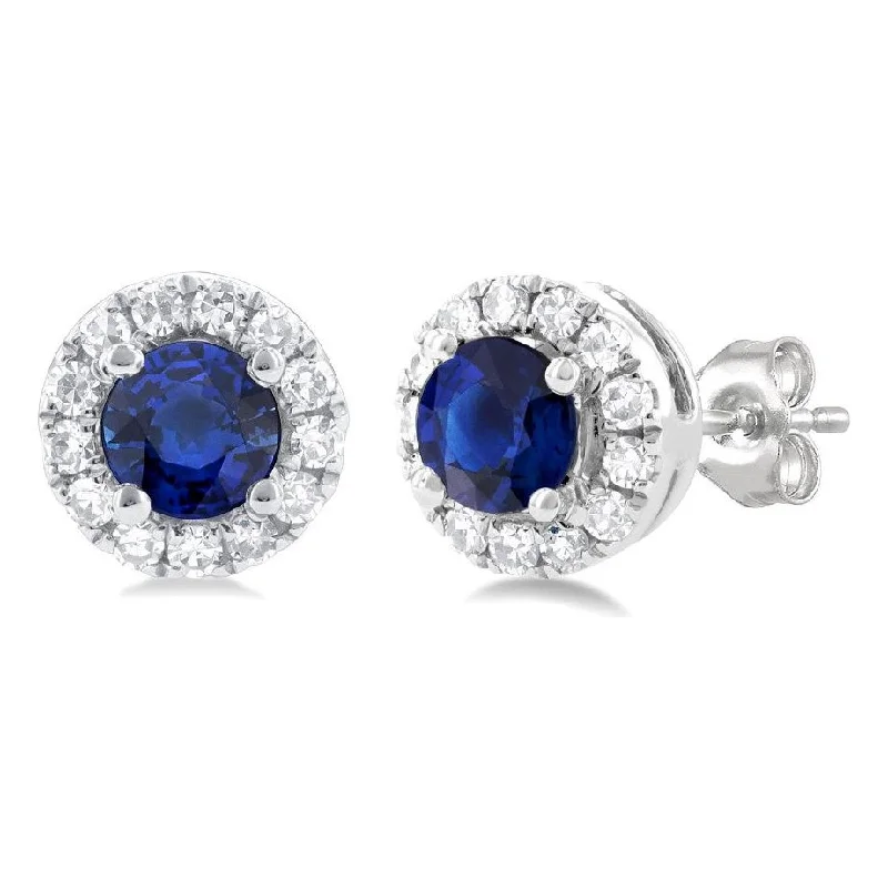 Ladies chunky silver hoop earrings -10K White Gold Round Sapphire and Diamond Halo Stud Earrings