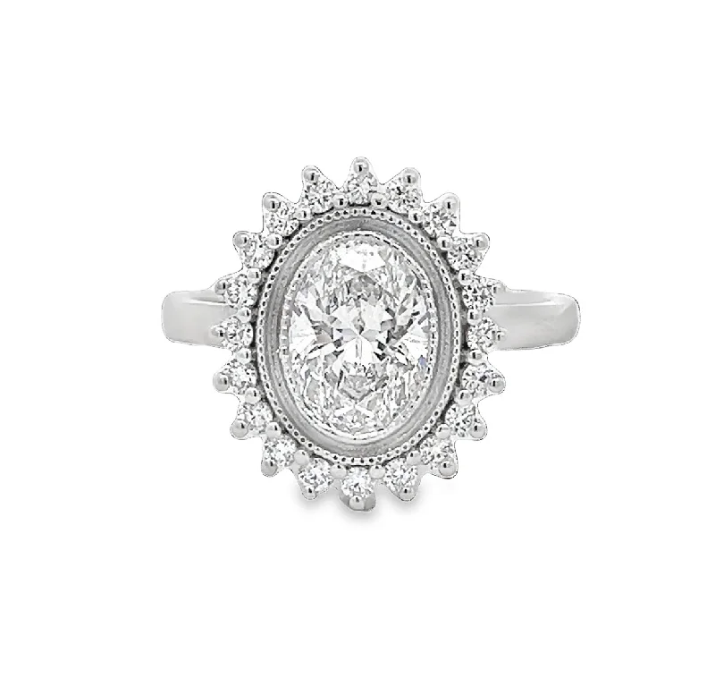 Trendy silver petal engagement rings -LAB GROWN OVAL & ROUND DIAMONDS 1.56ctw VINTAGE HALO RING