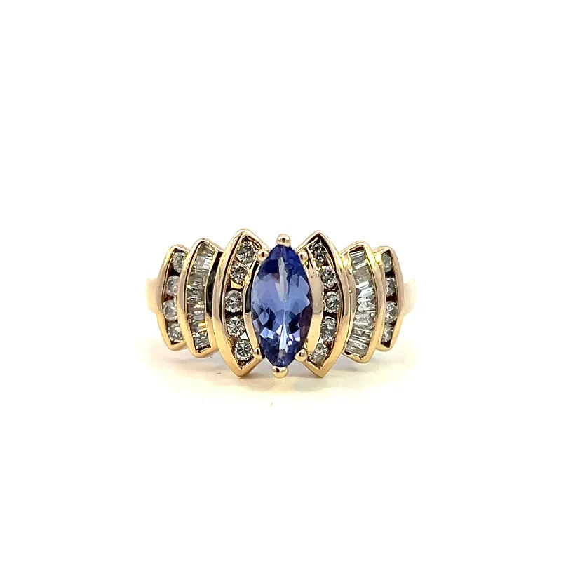 Modern diamond petal engagement rings for women -Estate 14K Yellow Gold Marquise Tanzanite & Diamond Multi Row Ring