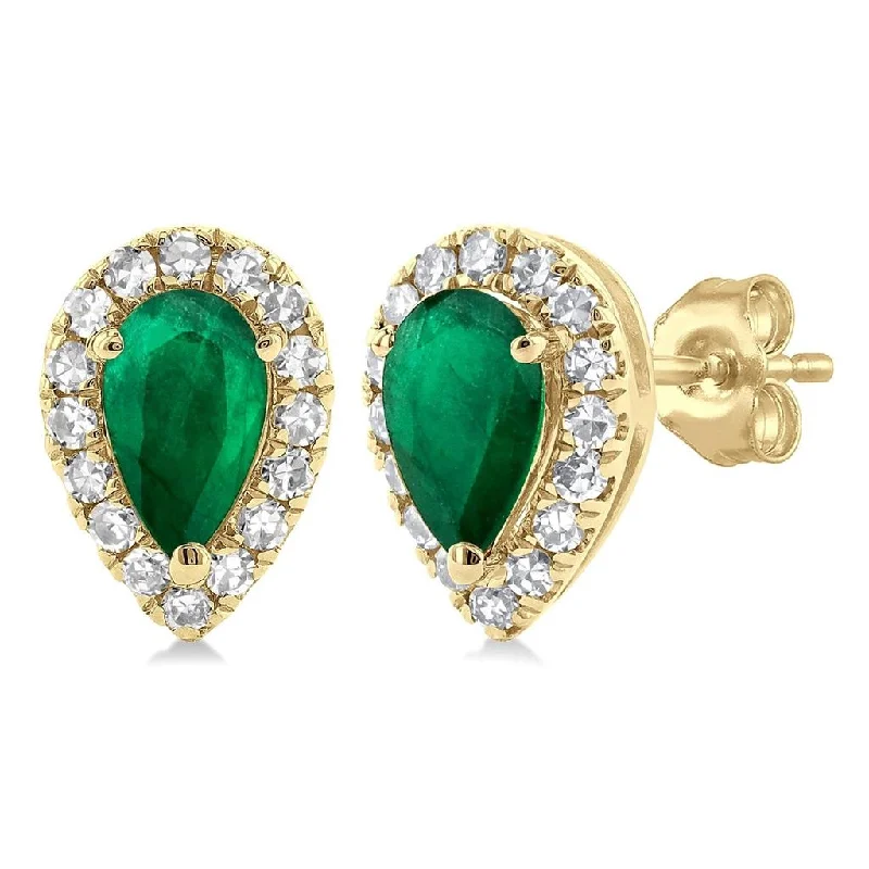 Ladies vintage-style spiral earrings -10K Yellow Gold Emerald And Diamond Halo Earrings