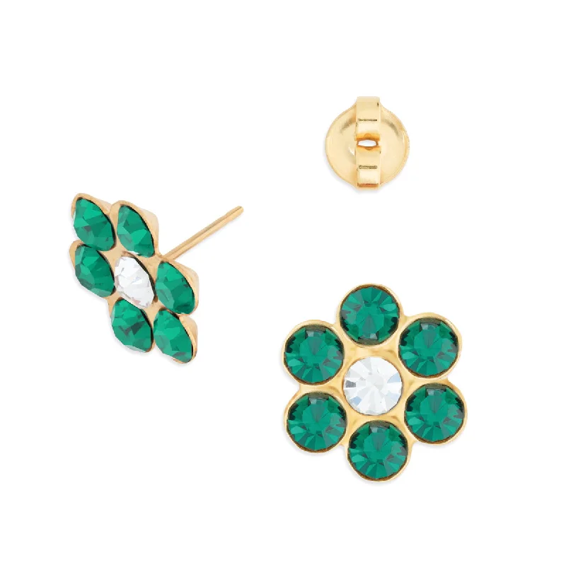 Trendy gold vine drop earrings for women -Green Zirconia Flower Stud Earrings