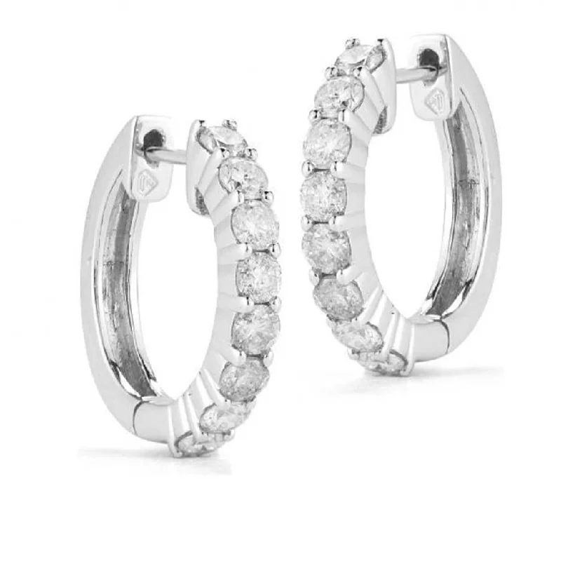 Ladies unique geometric hoop earrings -14K White Gold 12mm Round Huggie Natural Diamonds Hoop Earrings