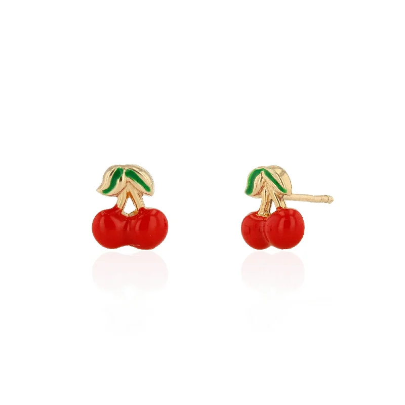 Ladies trendy geometric hoop earrings -Mini Cherry Enamel Studs