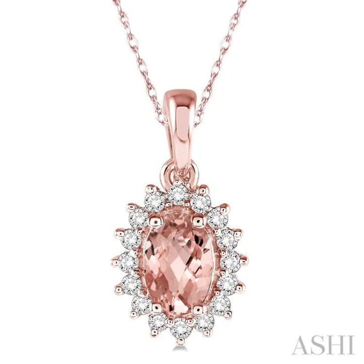 Ladies bold diamond tassel necklaces -1/8 Ctw Round Cut Diamond and Oval Cut 6x4mm Morganite Center Sunflower Semi Precious Pendant in 10K Rose Gold with chain