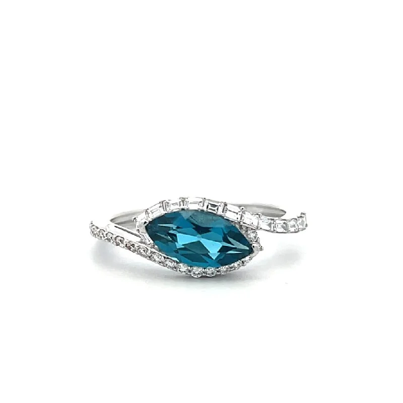 Ladies elegant lapis engagement rings -14K White Gold 1.56ctw Marquise London Blue Topaz & Diamond Bypass Ring