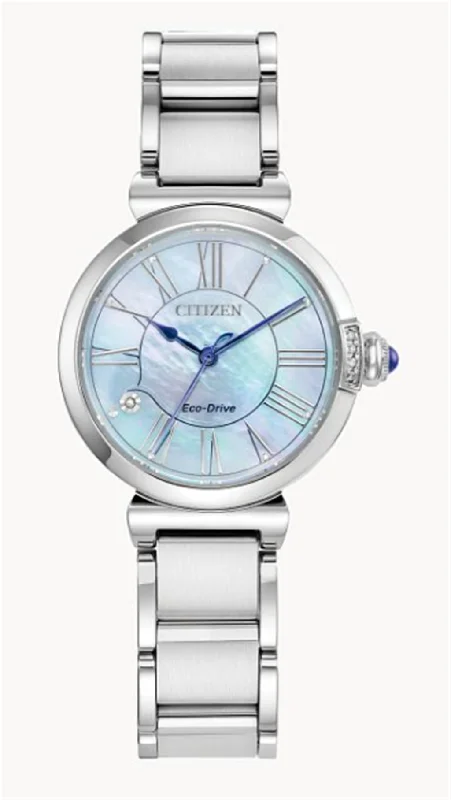 Ladies lightweight agate engagement rings -Stainless Steel Eco Drive L Mae Watch by Citizen with Diamond Accents