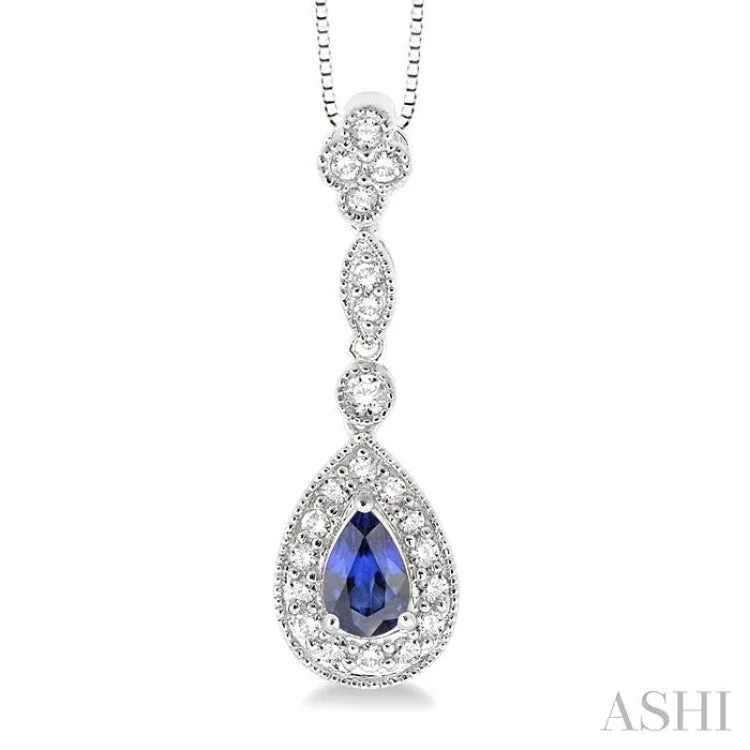 Elegant silver floral necklaces for women -6x4MM Pear Shape Sapphire and 1/4 Ctw Round Cut Diamond Pendant in 14K White Gold with Chain