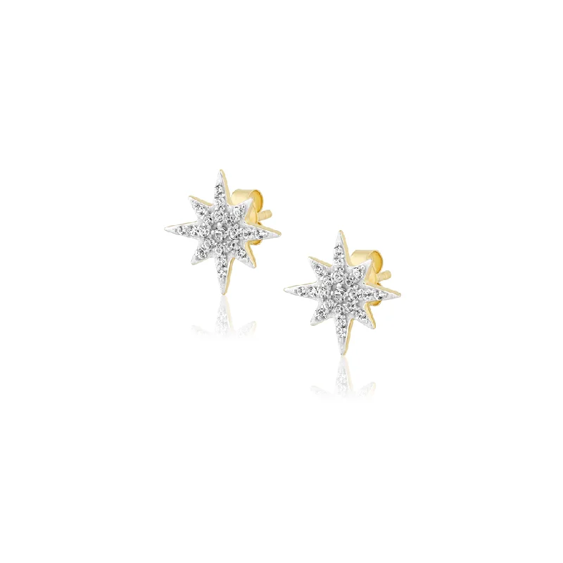 Trendy boho quartz earrings -14K Yellow Gold Overlay White Zircon Pavé Starburst Earrings