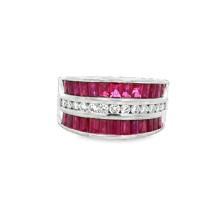 Classic gold spiral engagement rings for women -Wide Ruby and Diamond Band in 18k White Gold