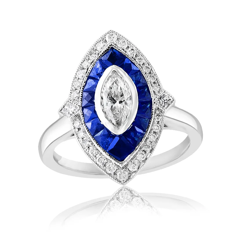 Elegant sapphire twist engagement rings -Art Deco Inspired Marquise Shape Diamond and Sapphire Ring