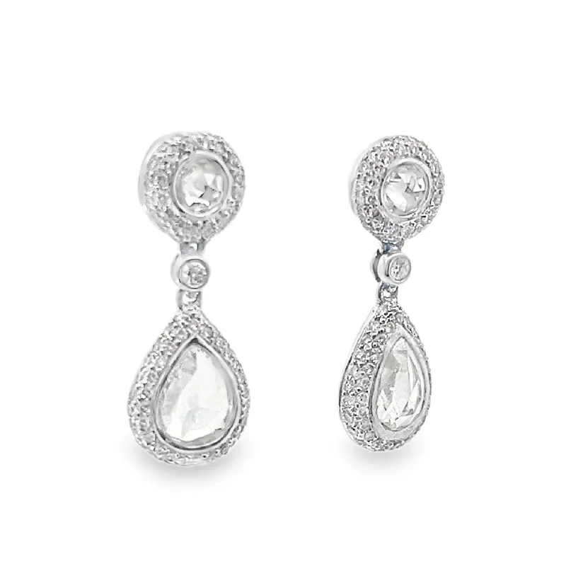 Modern diamond petal earrings for women -Pave Diamond Rose Cut Pear Drop Earrings