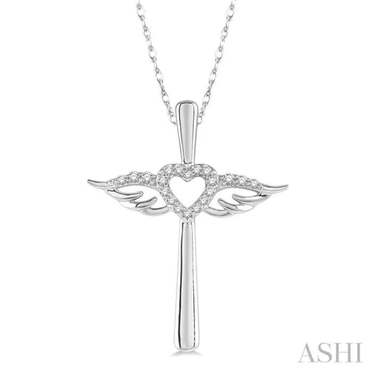 Modern gold geometric necklaces for ladies -1/10 Ctw Angel Wing & Heart Round Cut Diamond Cross Pendant With Chain in 10K White Gold