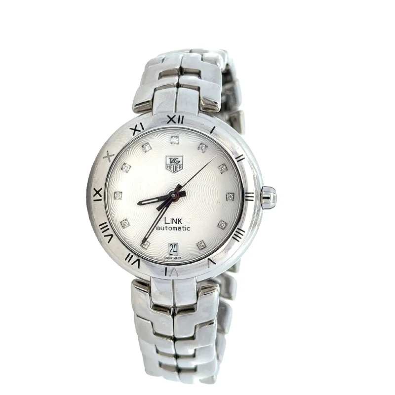 Ladies playful moon engagement rings -Stainless Steel Tag Heuer Link Automatic Wristwatch with Diamond Dial